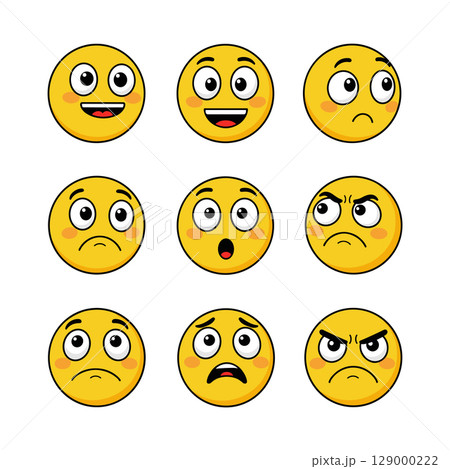 Funny yellow emoticons in various points of view on white background Funny yellow emoticons in various points of view on white background 129000222