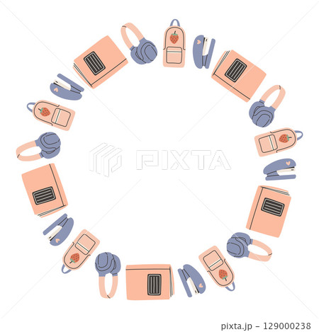 Simple school circle frame. Round school themed border made of different school objects. Soft pastel colors back to school hand drawn vector banner isolated on white background. Simple school circle frame. Round school themed border made of different school objects. Soft pastel colors back to school hand drawn vector banner isolated on white background. 129000238