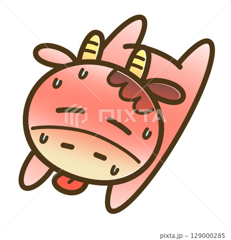 夏バテでぐったりしたうしこの全身イラスト（暑さ・汗・キャラクター素材） 129000285