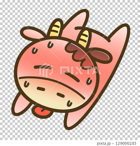 夏バテでぐったりしたうしこの全身イラスト（暑さ・汗・キャラクター素材） 129000285