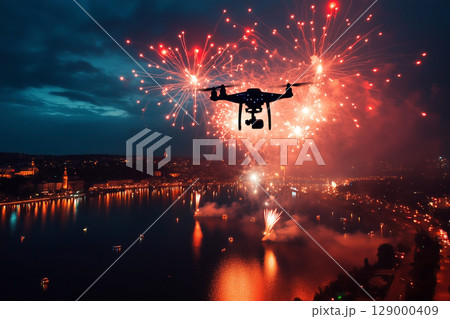 花火大会 ドローン 空撮 画像生成AI 花火大会 ドローン 空撮 画像生成AI 129000409