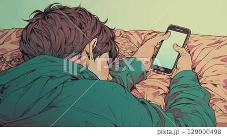 スマホを持って寝落ちする男性 スマホを持って寝落ちする男性 129000498