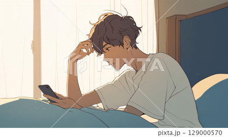 ベッドでスマホを見る男性 ベッドでスマホを見る男性 129000570