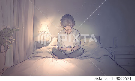 ベッドでスマホを見る男性 ベッドでスマホを見る男性 129000571