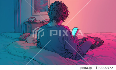 ベッドでスマホを見る男性 ベッドでスマホを見る男性 129000572