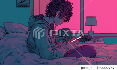 ベッドでスマホを見る男性 ベッドでスマホを見る男性 129000573