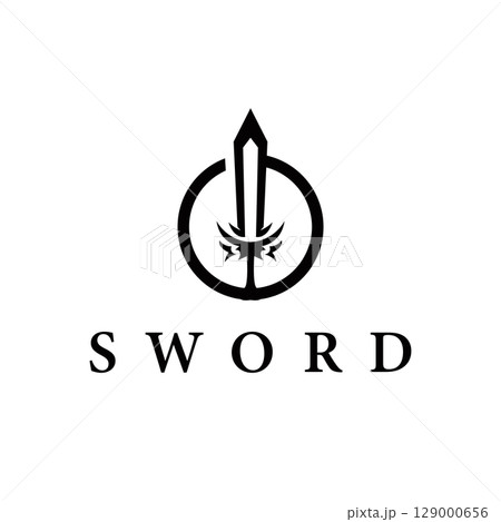 Simple minimalist sword logo design with cool black silhouette, sword weapon tool illustration symbol template icon Simple minimalist sword logo design with cool black silhouette, sword weapon tool illustration symbol template icon 129000656