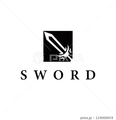 Simple minimalist sword logo design with cool black silhouette, sword weapon tool illustration symbol template icon 129000659
