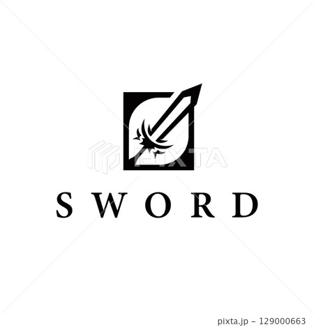 Simple minimalist sword logo design with cool black silhouette, sword weapon tool illustration symbol template icon Simple minimalist sword logo design with cool black silhouette, sword weapon tool illustration symbol template icon 129000663