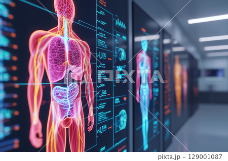 colorful flowchart of human anatomy displayed digital screens, showcasing various body systems and functions modern setting colorful flowchart of human anatomy displayed digital screens, showcasing various body systems and functions modern setting 129001087
