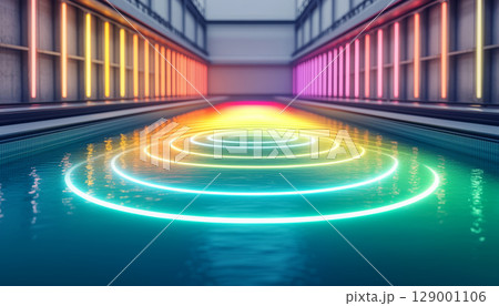 vibrant pool with colorful light reflections creating concentric circles 129001106