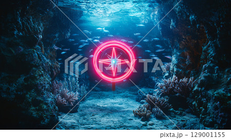 glowing compass spins in deep underwater, surrounded by fish and coral 129001155