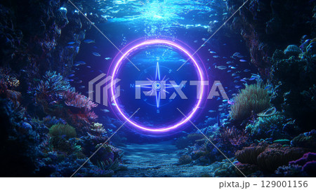 glowing compass spins in vibrant underwater scene filled with colorful corals and fish glowing compass spins in vibrant underwater scene filled with colorful corals and fish 129001156