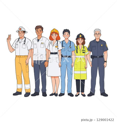 さまざまな制服を着た6人の職業人たち(白背景) さまざまな制服を着た6人の職業人たち(白背景) 129001422
