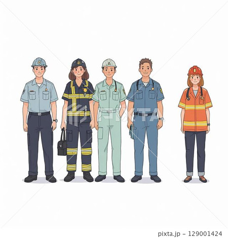 多様な職業制服を着た5人の男女グループ（白背景） 129001424