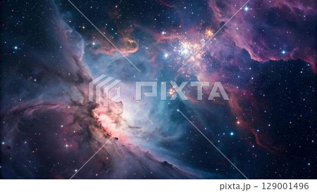 The image displays a stunning nebula in deep space, showcasing vibrant colors of pink, purple and blue, intermixed with brighter areas that suggest star 129001496