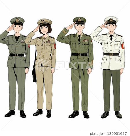 敬礼する日本の自衛隊員たちの制服姿（白背景） 129001637