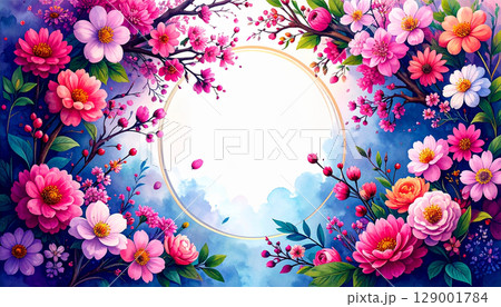 水彩で描いた春の絢爛な花のフレームと背景素材 129001784