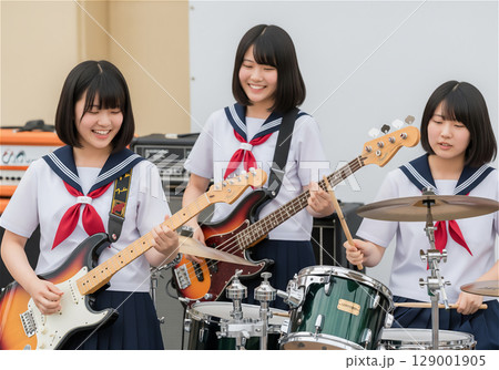 制服姿の女子高生バンドが音楽で青春を奏でる感動の瞬間 制服姿の女子高生バンドが音楽で青春を奏でる感動の瞬間 129001905
