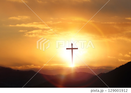 Bright light background and cross background symbolizing Jesus' sacrifice, passion, death and resurrection, Holy Week Easter concept 129001912