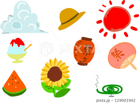 夏のアイテムセット。入道雲・麦わら帽子・太陽・かき氷・提灯・ひまわり。すいか・蚊取り線香・うちわ 129001942