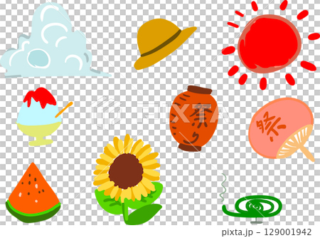 夏のアイテムセット。入道雲・麦わら帽子・太陽・かき氷・提灯・ひまわり。すいか・蚊取り線香・うちわ 129001942