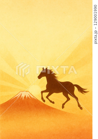 富士山と駆け上がる馬のシルエット年賀背景, 力強い馬と初日の出が印象的な2026年の年賀素材, 上昇 富士山と駆け上がる馬のシルエット年賀背景, 力強い馬と初日の出が印象的な2026年の年賀素材, 上昇 129001990