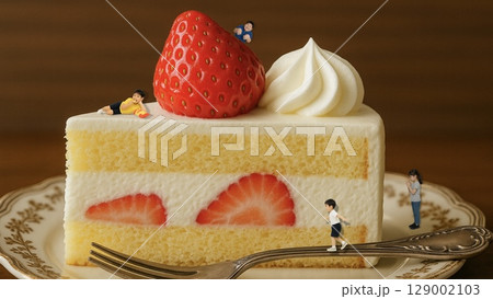 いちごのショートケーキに集まったこびとたちジオラマ(ミニチュアアート 16:9横長　ドロシーみきこ) 129002103