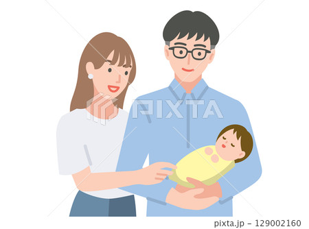 赤ちゃんを抱っこする若い夫婦 129002160