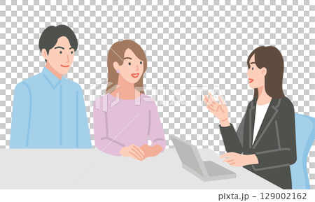 一對年輕夫婦正在與婚禮策劃師協商 一對年輕夫婦正在與婚禮策劃師協商 129002162