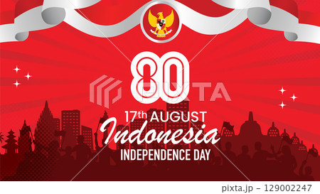 80th Indonesia Independence Day Poster with Garuda Emblem, Cityscape, and Wavy Ribbons on 17 August. 129002247