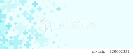 Healthcare abstract cross background. Blue plus medical wallpaper. Clean geometric backdrop template for clinic banner, innovation, science brochure, medicine business poster, presentation. Vector Healthcare abstract cross background. Blue plus medical wallpaper. Clean geometric backdrop template for clinic banner, innovation, science brochure, medicine business poster, presentation. Vector 129002321