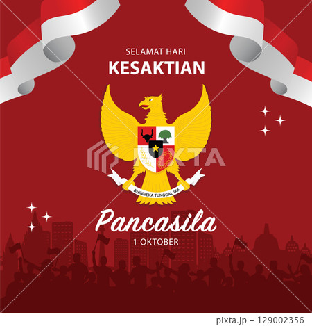 Pancasila Day Background with Garuda Emblem and Flag Garlands on 1 October. Pancasila Day Background with Garuda Emblem and Flag Garlands on 1 October. 129002356