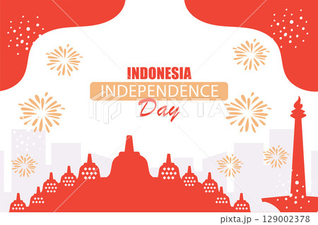 Indonesia Independence Day Flat Banner with Borobudur, Monas Silhouette, and Fireworks illustration. 129002378
