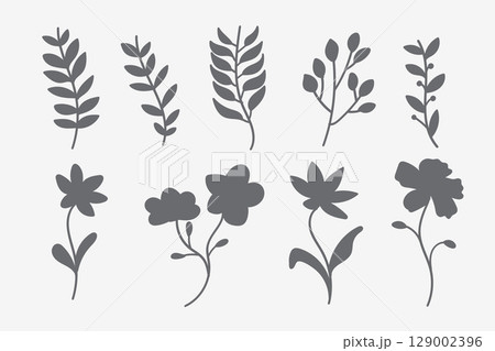 Creative black leaf silhouettes perfect for botanical illustrations or design projects 129002396