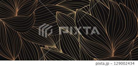 Abstract pattern of golden botanical leaves in delicate line art style on a rich black background, suitable for luxury and modern designs. 129002434