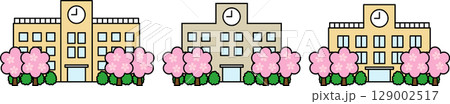 シンプルで可愛い学校の校舎建物イラスト桜 129002517