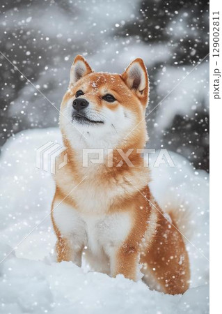 雪が舞う中をたたずむ凛々しい柴犬 129002811