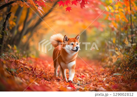 紅葉の中をまっすぐ進む柴犬の秋の散歩道 129002812
