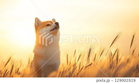 夕陽に染まる草原でたたずむ柴犬の横顔 夕陽に染まる草原でたたずむ柴犬の横顔 129002819