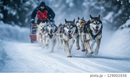雪原を力強く走る犬ぞりチームとマッシャー 129002836