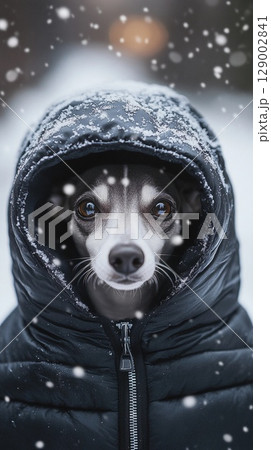 フード付きコートで雪を見つめるおしゃれ犬 フード付きコートで雪を見つめるおしゃれ犬 129002841