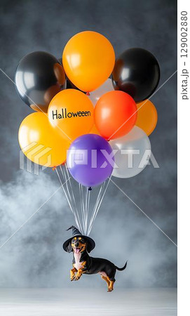 風船に吊られたハロウィン仮装のミニピンの空想フォト 129002880