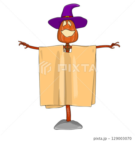 Halloween Scarecrow Lantern Jack pumpkin funny and cute. One of the symbols of the autumn holiday. Vector illustration. Halloween Scarecrow Lantern Jack pumpkin funny and cute. One of the symbols of the autumn holiday. Vector illustration. 129003070