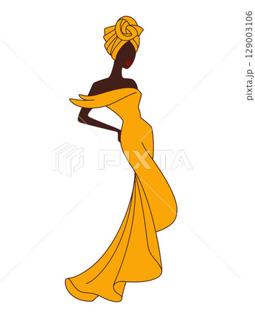 Elegant Woman in Flowing Yellow Dress Elegant Woman in Flowing Yellow Dress 129003106