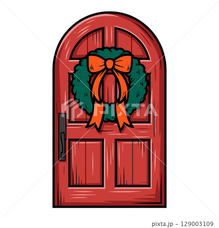 Red Arched Door with Christmas Wreath 129003109