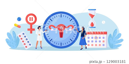 Menopause and gynecology concept. Women climacteric. Woman consulting with doctor about female health. Patient treating with hormone replacement therapy. Biological clock with female organ, calendar 129003181