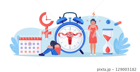 Menopause and gynecology, hormone replacement therapy. Women climacteric. Woman with menopause symptoms, including hot flushes, anxiety, low mood, headache. Character standing at her biological clock Menopause and gynecology, hormone replacement therapy. Women climacteric. Woman with menopause symptoms, including hot flushes, anxiety, low mood, headache. Character standing at her biological clock 129003182
