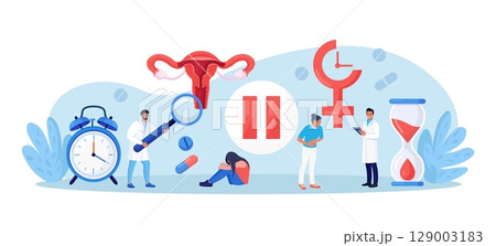 Menopause and gynecology. Women climacteric. Woman consulting with doctor about reproductive health problems. Patient treating with hormone replacement therapy. Pause button, hourglass, female organ 129003183