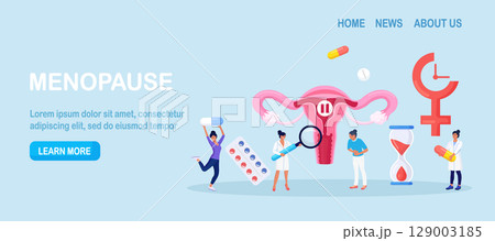 Menopause and gynecology. Women climacteric. Woman consulting with doctor about reproductive health problems. Patient treating with hormone replacement therapy. Pause button, hourglass, female organ Menopause and gynecology. Women climacteric. Woman consulting with doctor about reproductive health problems. Patient treating with hormone replacement therapy. Pause button, hourglass, female organ 129003185